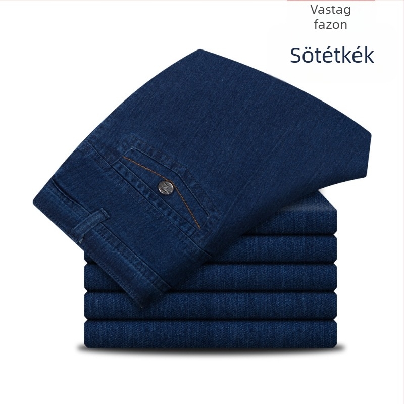 Férfiaknak szóló, magas derekú, elasztikus farmer, egyenes szabású, denim, mindennapi viselet
