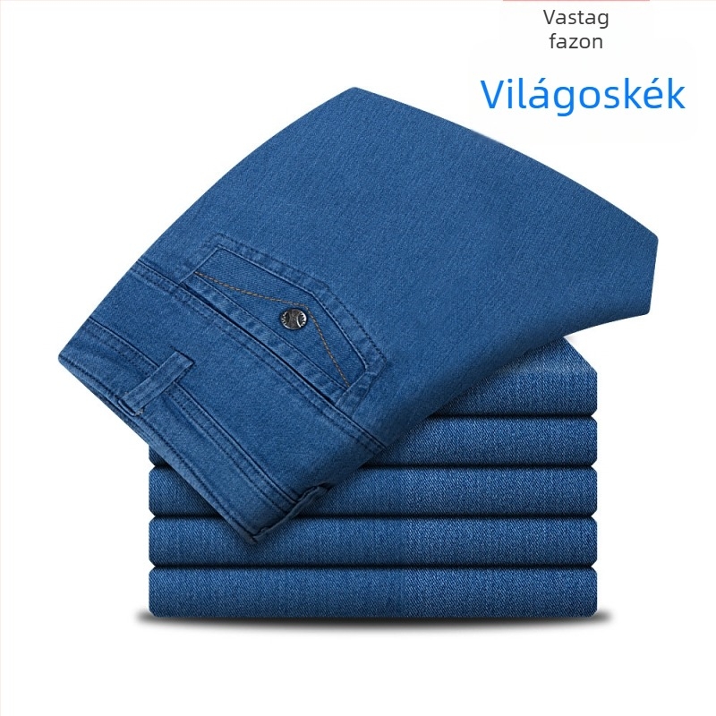 Férfiaknak szóló, magas derekú, elasztikus farmer, egyenes szabású, denim, mindennapi viselet