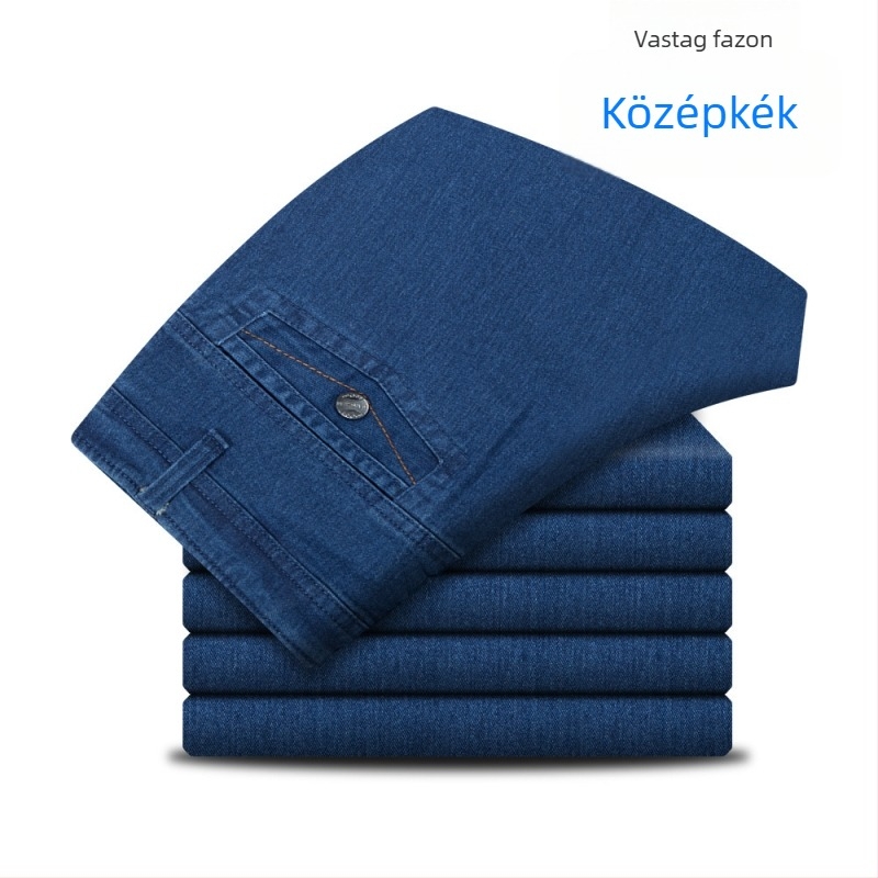 Férfiaknak szóló, magas derekú, elasztikus farmer, egyenes szabású, denim, mindennapi viselet