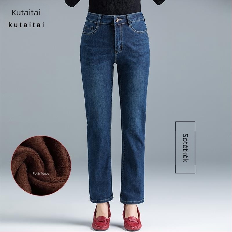 Női farmernadrág fleece-sel bélelt téli vise, magas derekú, egyenes szabás, vastag pamut-keverék, 50–70% fő anyag