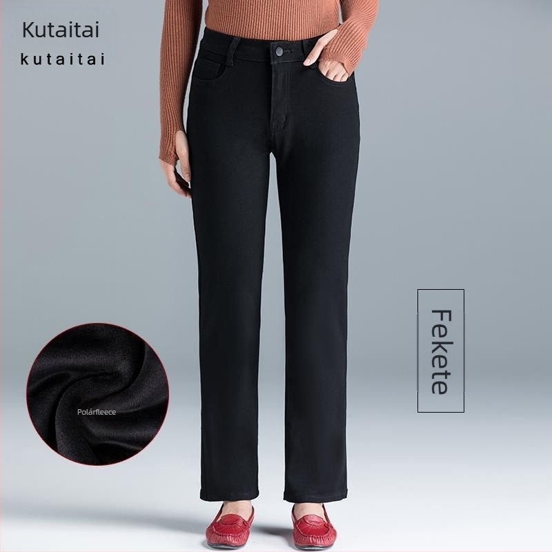 Női farmernadrág fleece-sel bélelt téli vise, magas derekú, egyenes szabás, vastag pamut-keverék, 50–70% fő anyag