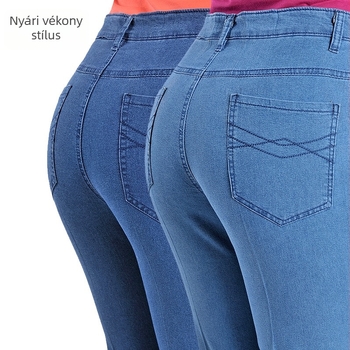 Női farmernadrág tavasz-őszi időszakra, magas derék, laza szabás, elasztikus denim, egyenes szár