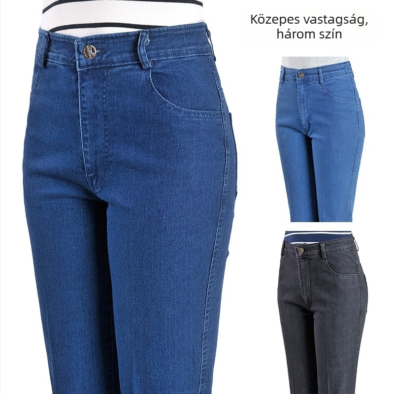 Női farmernadrág tavasz-őszi időszakra, magas derék, laza szabás, elasztikus denim, egyenes szár