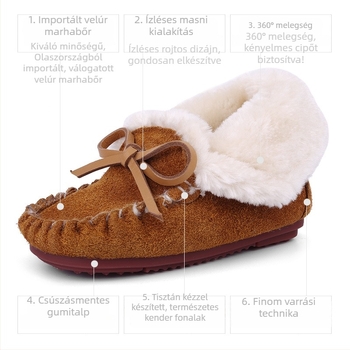 Borjúbőrből készült lányoknak való mokaszín fleece-béléssel
