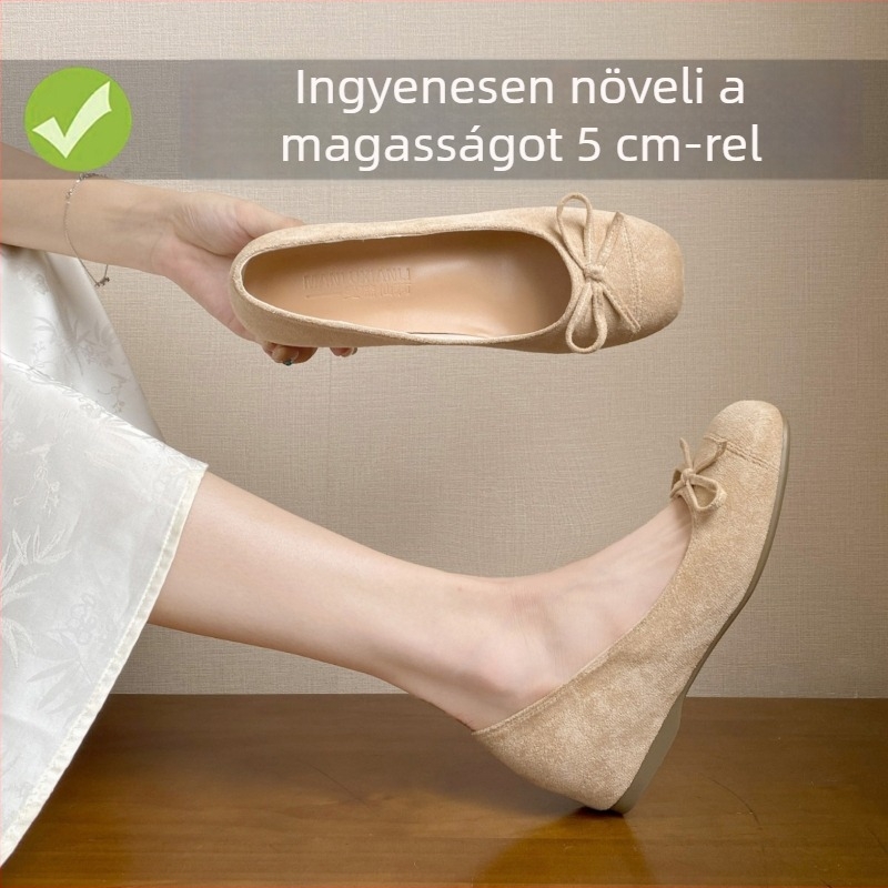5 cm-es magasságnövelő lapos talpú balerina cipő, négyszögletes orr, PU felső rész, belső műbőr, slip-on