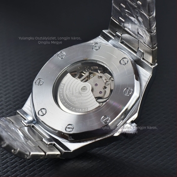 Férfi mechanikus karóra naptár funkcióval, rozsdamentes acél tok és szíj, 40,5 mm számlap, modell 1221