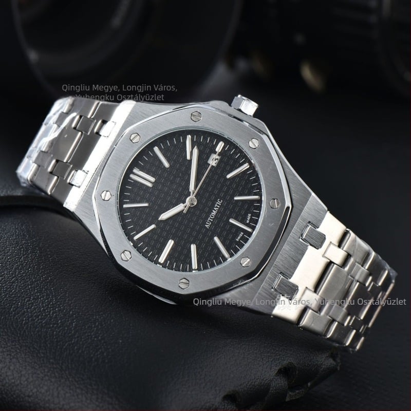 Férfi mechanikus karóra naptár funkcióval, rozsdamentes acél tok és szíj, 40,5 mm számlap, modell 1221