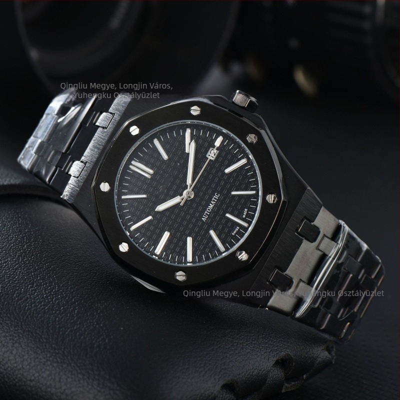 Férfi mechanikus karóra naptár funkcióval, rozsdamentes acél tok és szíj, 40,5 mm számlap, modell 1221