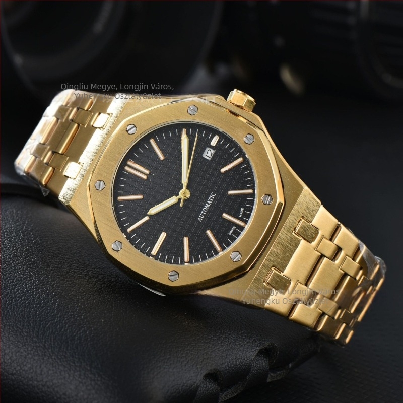 Férfi mechanikus karóra naptár funkcióval, rozsdamentes acél tok és szíj, 40,5 mm számlap, modell 1221