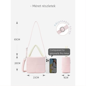 Női nylon quiltelt válltáska, doboz alakú, cipzáras zárás, vízálló anyag, belső zsebek telefonhoz és személyi igazolványhoz