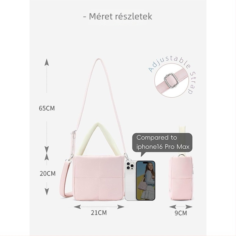 Női nylon quiltelt válltáska, doboz alakú, cipzáras zárás, vízálló anyag, belső zsebek telefonhoz és személyi igazolványhoz