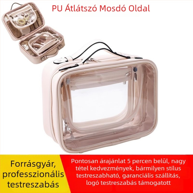 Átlátszó PU bőrtáska kozmetikai neszesszer, kétszintes, vízálló, 20–35 literes kapacitás