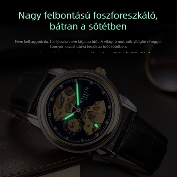 Férfi automata mechanikus karóra – világító számlap, mindennapi vízállóság, átlátszó hátlap, rozsdamentes acél szíj