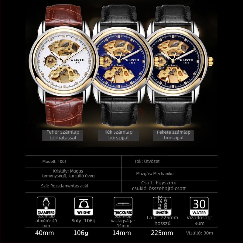 Férfi automata mechanikus karóra – világító számlap, mindennapi vízállóság, átlátszó hátlap, rozsdamentes acél szíj