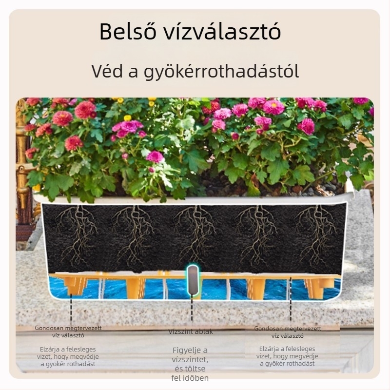 Önöntöző téglalap alakú PP virágcserép, tartós műanyagból, erkélyre, padlón álló