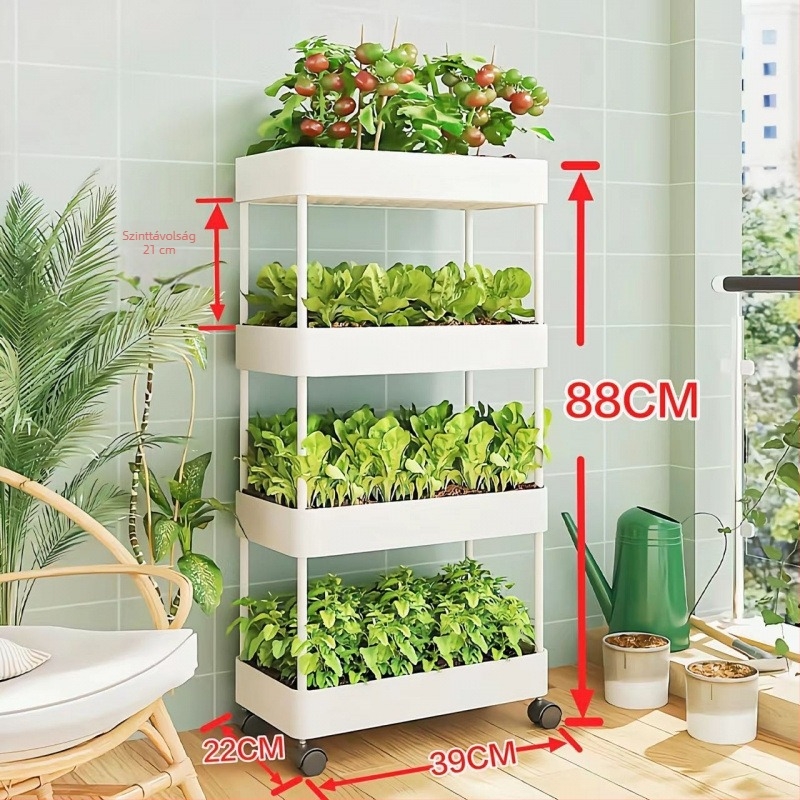 Többemeletes balkon-kertészeti kocsi zöldségek termesztésére, virágcserép-tárolóval és konyhai zöldségkosár tárolóval.