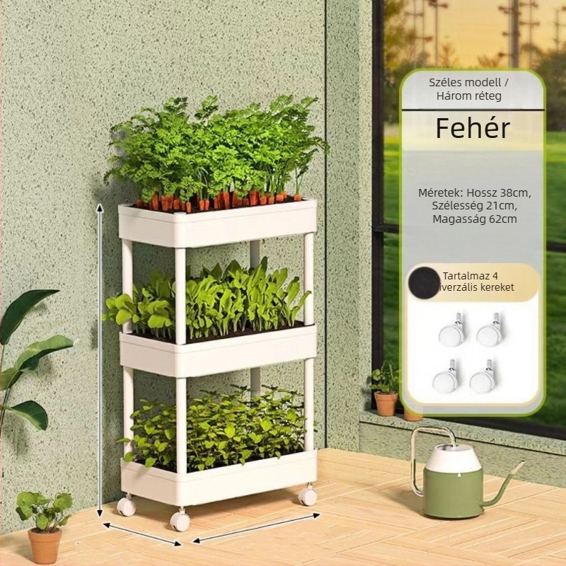 Többemeletes balkon-kertészeti kocsi zöldségek termesztésére, virágcserép-tárolóval és konyhai zöldségkosár tárolóval.