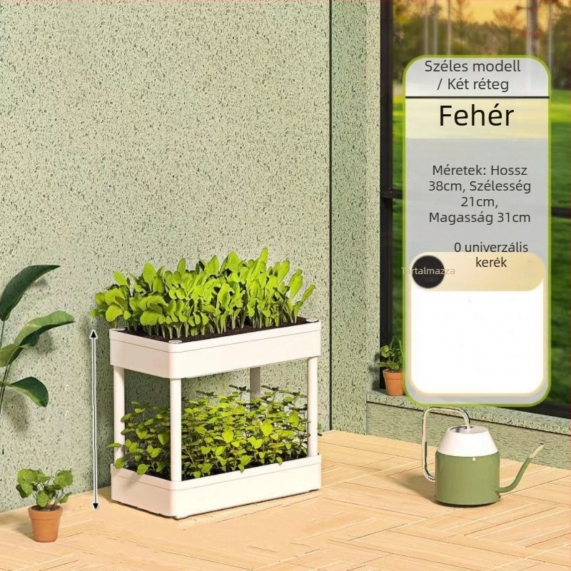 Többemeletes balkon-kertészeti kocsi zöldségek termesztésére, virágcserép-tárolóval és konyhai zöldségkosár tárolóval.