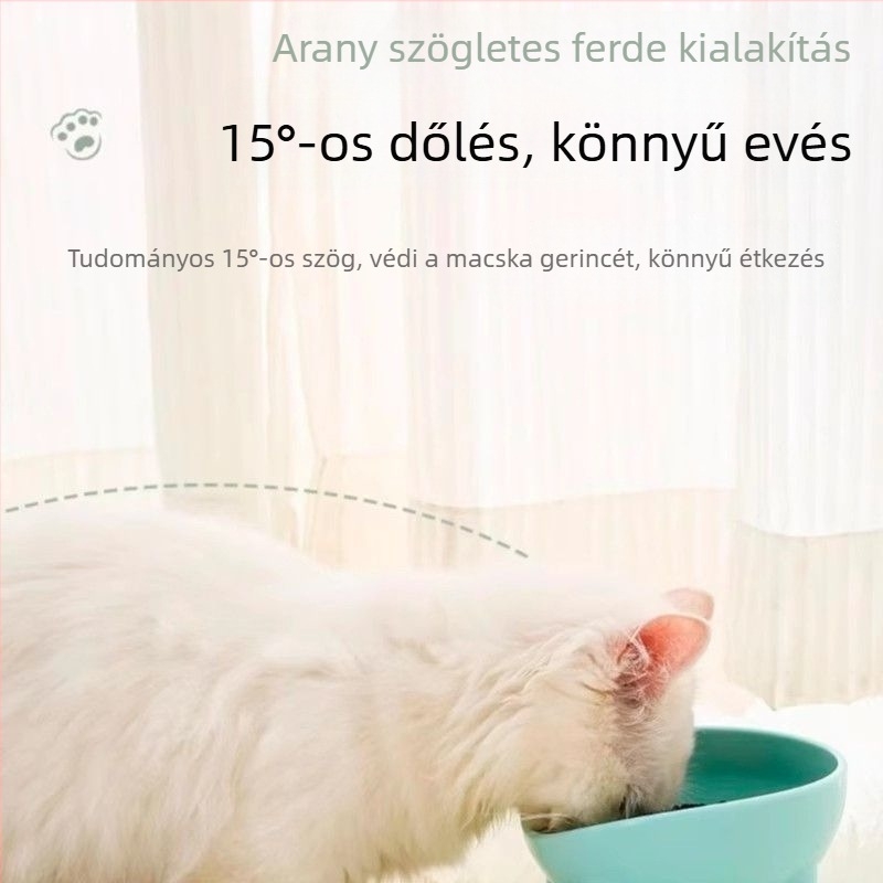 Macska ételtál magas tartón, ferde szájú, nyakvédő elefántláb mintázattal, PP műanyag