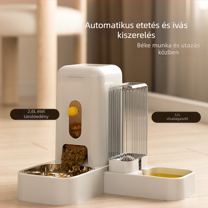 Automata macska etető és vízadagoló integrált kettős tálakkal (macska etető- és kutya tál), dőlés elleni rendszer