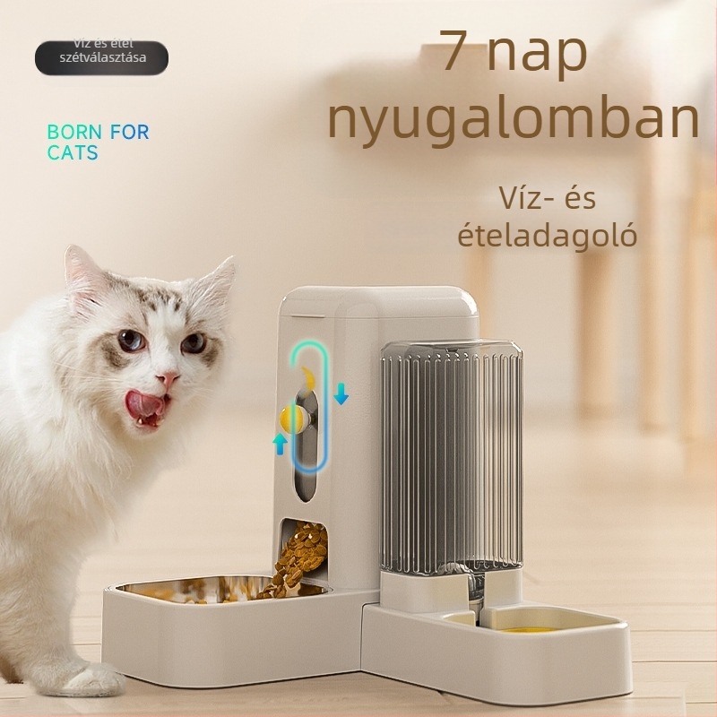 Automata macska etető és vízadagoló integrált kettős tálakkal (macska etető- és kutya tál), dőlés elleni rendszer