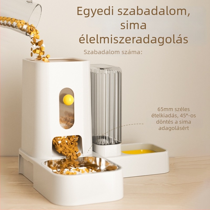 Automata macska etető és vízadagoló integrált kettős tálakkal (macska etető- és kutya tál), dőlés elleni rendszer