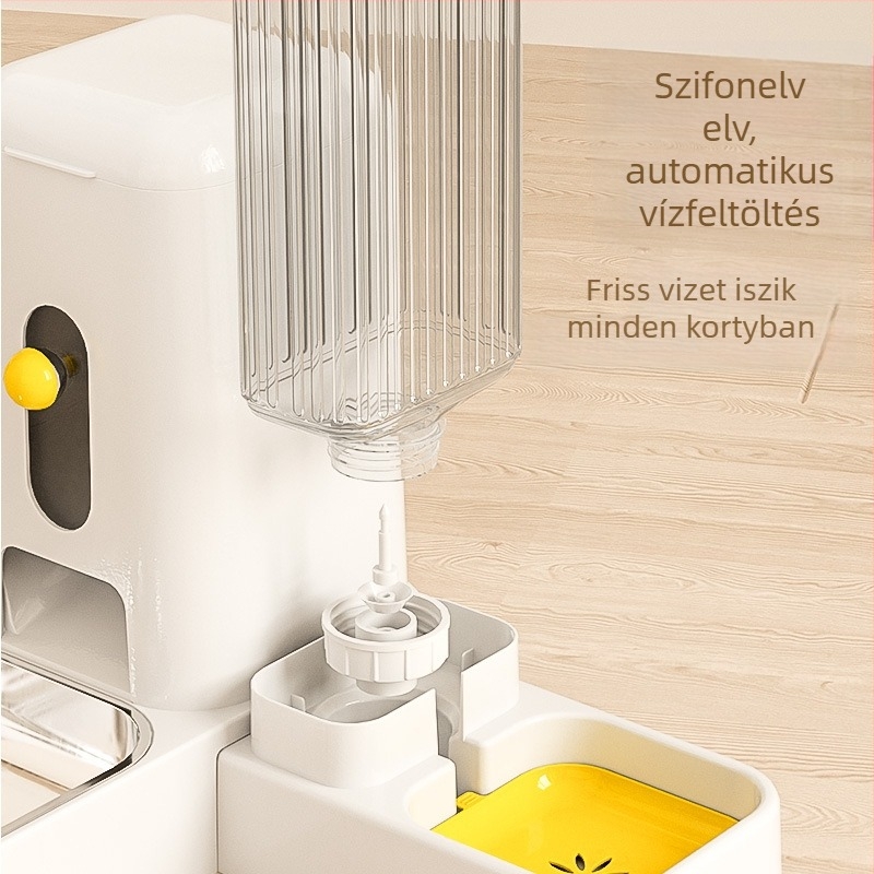 Automata macska etető és vízadagoló integrált kettős tálakkal (macska etető- és kutya tál), dőlés elleni rendszer