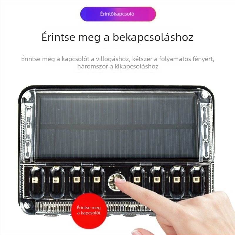 LED ködfényszóró járművekhez – negyedik generációs érintéses napelemes strobe fény; LED fényforrás; élettartam 50 000 óra; alkalmas nagy teherautókra, félpótkocsikra, pótkocsikra, targoncákra, építőgépekre, buszokra és motorkerékpárokra