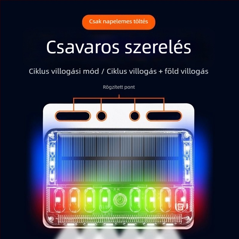 LED ködfényszóró járművekhez – negyedik generációs érintéses napelemes strobe fény; LED fényforrás; élettartam 50 000 óra; alkalmas nagy teherautókra, félpótkocsikra, pótkocsikra, targoncákra, építőgépekre, buszokra és motorkerékpárokra