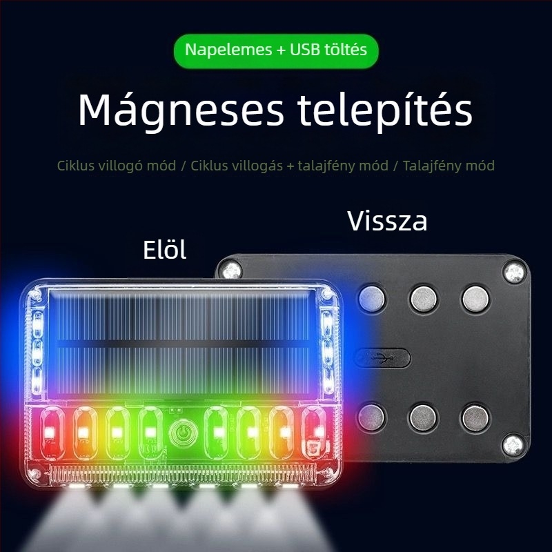 LED ködfényszóró járművekhez – negyedik generációs érintéses napelemes strobe fény; LED fényforrás; élettartam 50 000 óra; alkalmas nagy teherautókra, félpótkocsikra, pótkocsikra, targoncákra, építőgépekre, buszokra és motorkerékpárokra