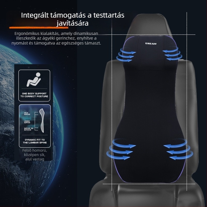Autóháti támasztó párna integrált fejtámlával, egyrészes kialakítás, memóriagyapot töltet, emelő párna a vezető üléséhez