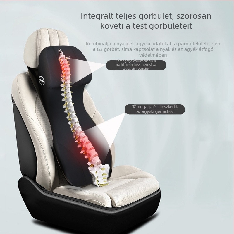 Autóháti támasztó párna integrált fejtámlával, egyrészes kialakítás, memóriagyapot töltet, emelő párna a vezető üléséhez