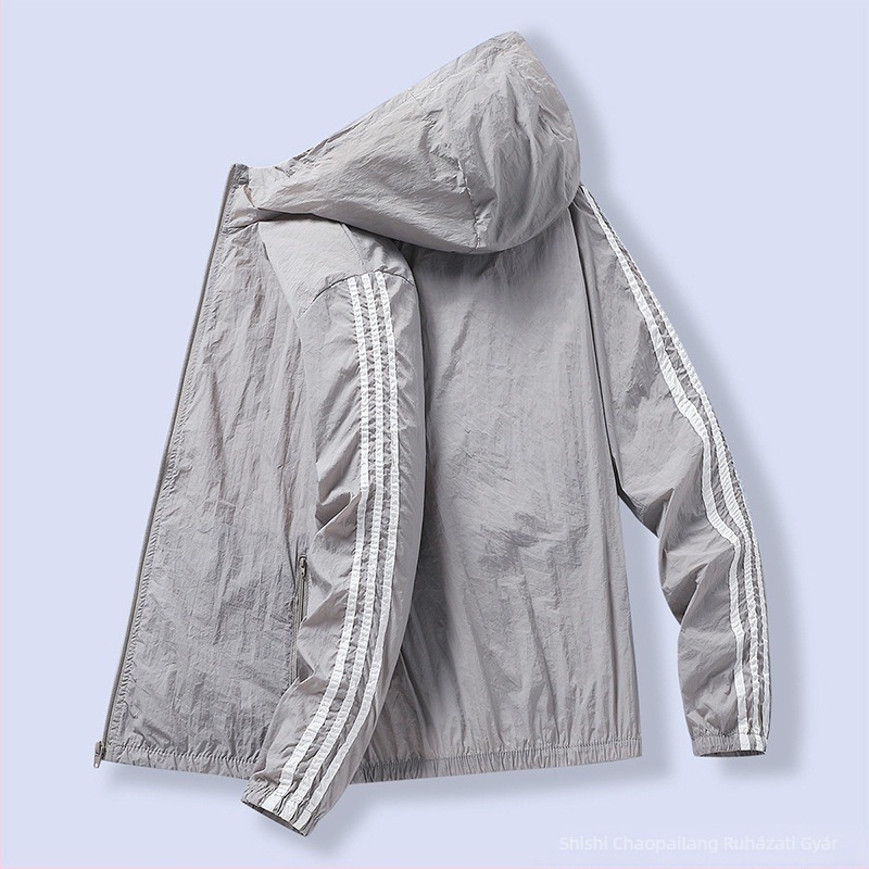 Férfi napvédő kapucnis dzseki, könnyű és lélegző Ice Silk anyag, fő anyag Nylon 100%, elülső cipzár