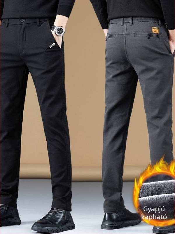 Férfi fleece-béléses casual nadrág, egyenes szabású, slim-fit, elastikus, meleg, munkaruházat-stílus, őszi-téli 2025.