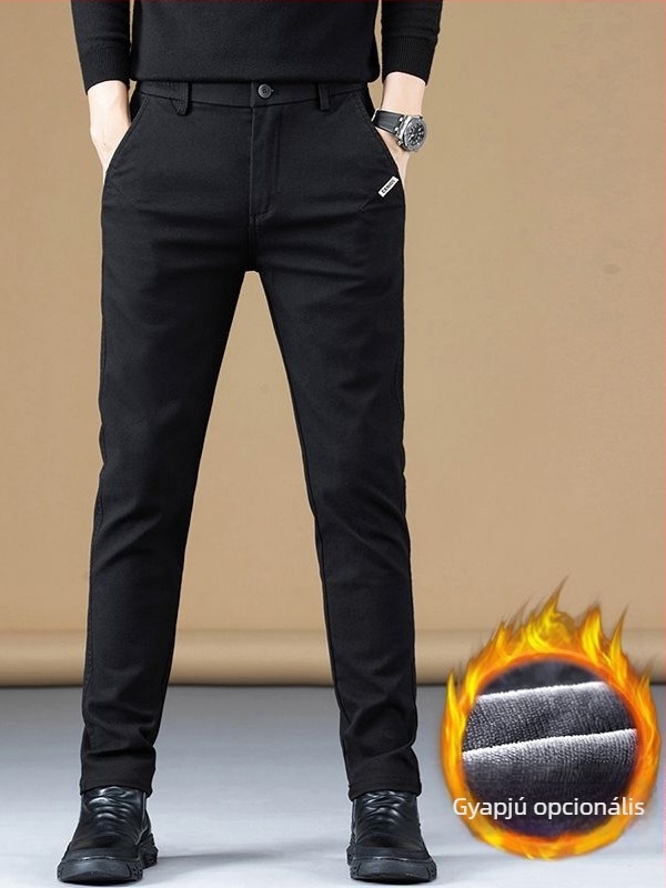 Férfi fleece-béléses casual nadrág, egyenes szabású, slim-fit, elastikus, meleg, munkaruházat-stílus, őszi-téli 2025.