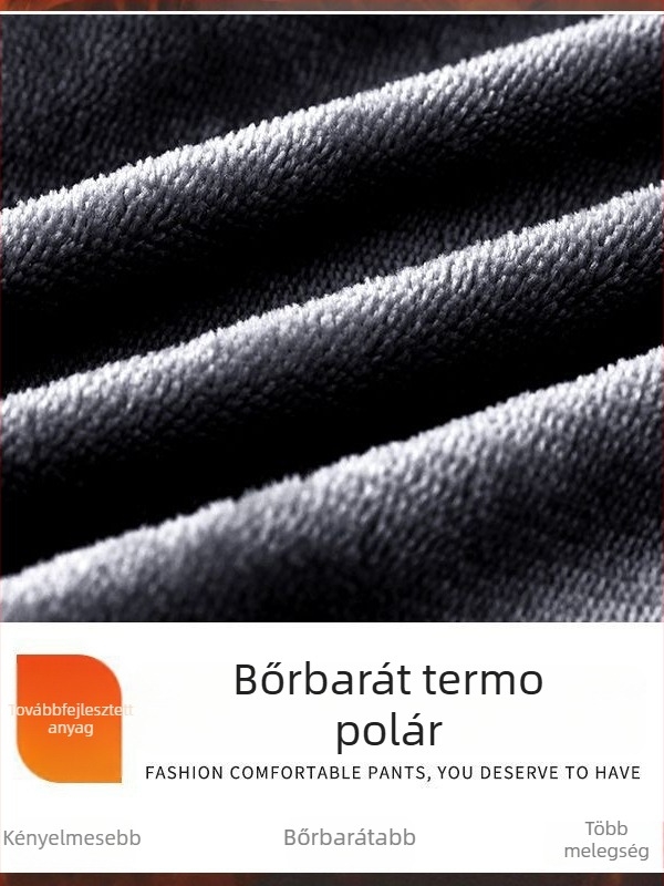 Férfi fleece-béléses casual nadrág, egyenes szabású, slim-fit, elastikus, meleg, munkaruházat-stílus, őszi-téli 2025.