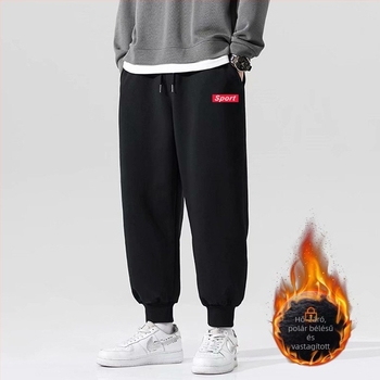 Férfi fleece-belelt vastag téli sportnadrág, laza szabású, egyenes szárú