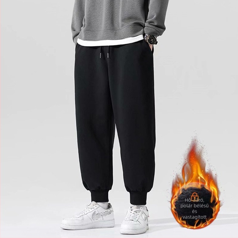 Férfi fleece-belelt vastag téli sportnadrág, laza szabású, egyenes szárú