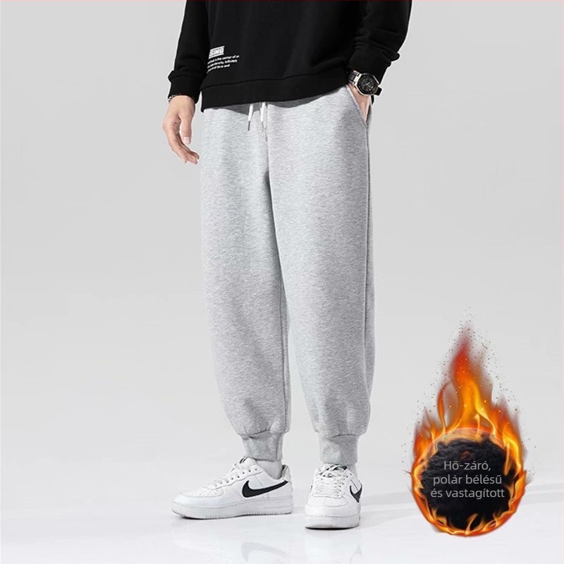 Férfi fleece-belelt vastag téli sportnadrág, laza szabású, egyenes szárú