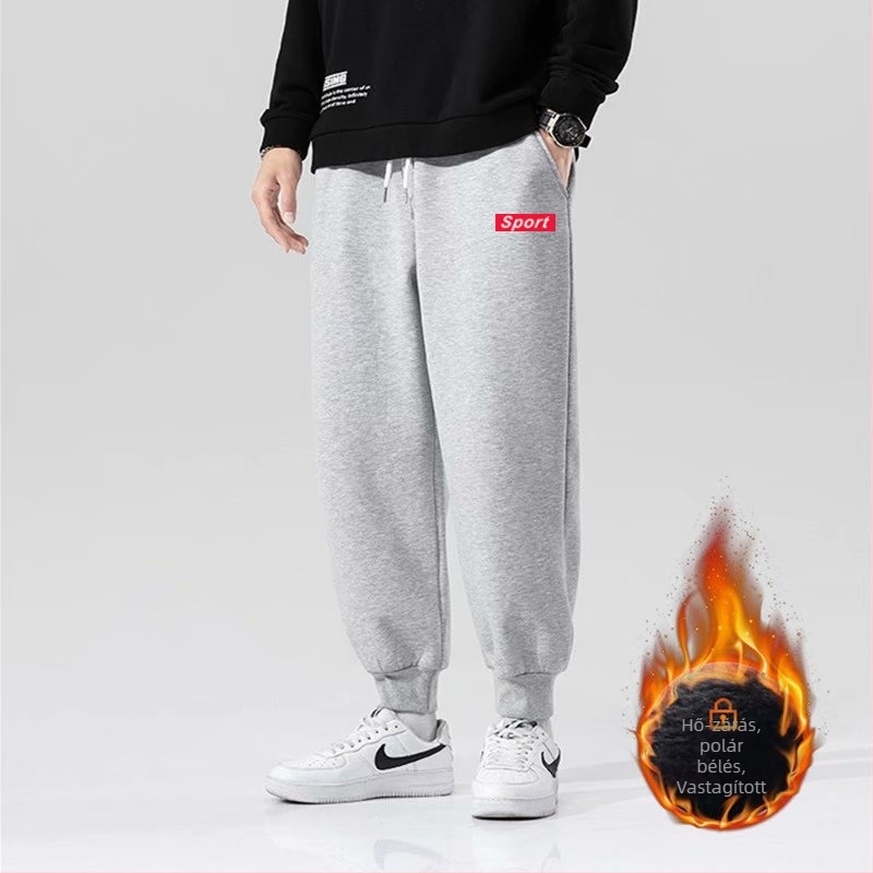 Férfi fleece-belelt vastag téli sportnadrág, laza szabású, egyenes szárú