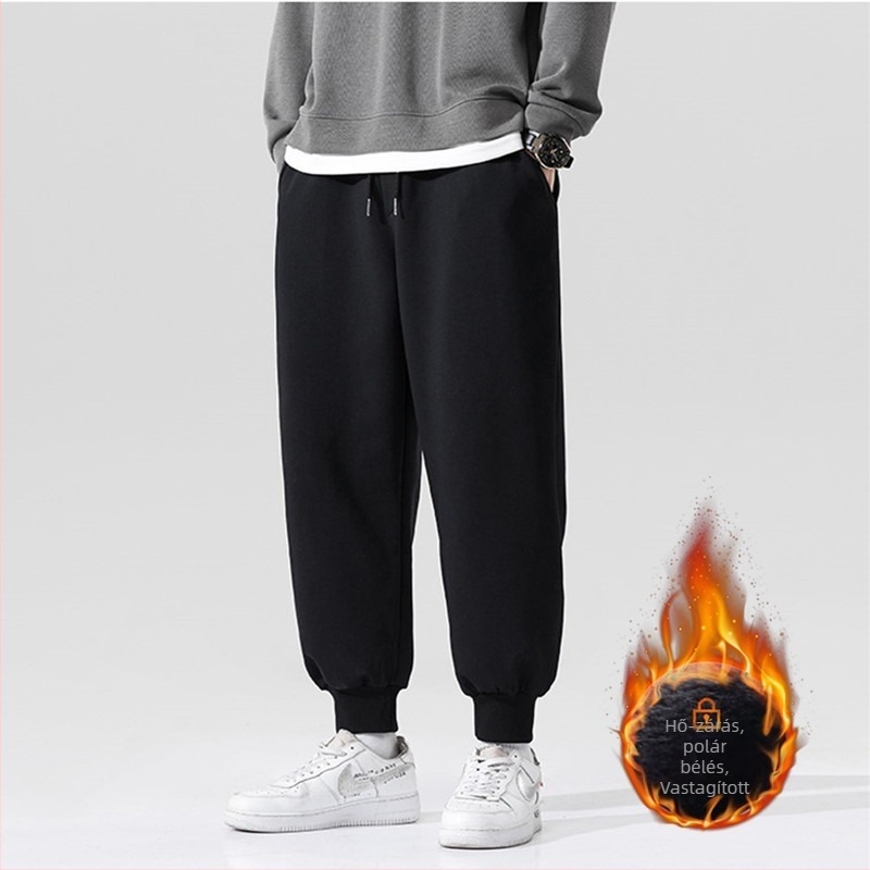 Férfi fleece-belelt vastag téli sportnadrág, laza szabású, egyenes szárú