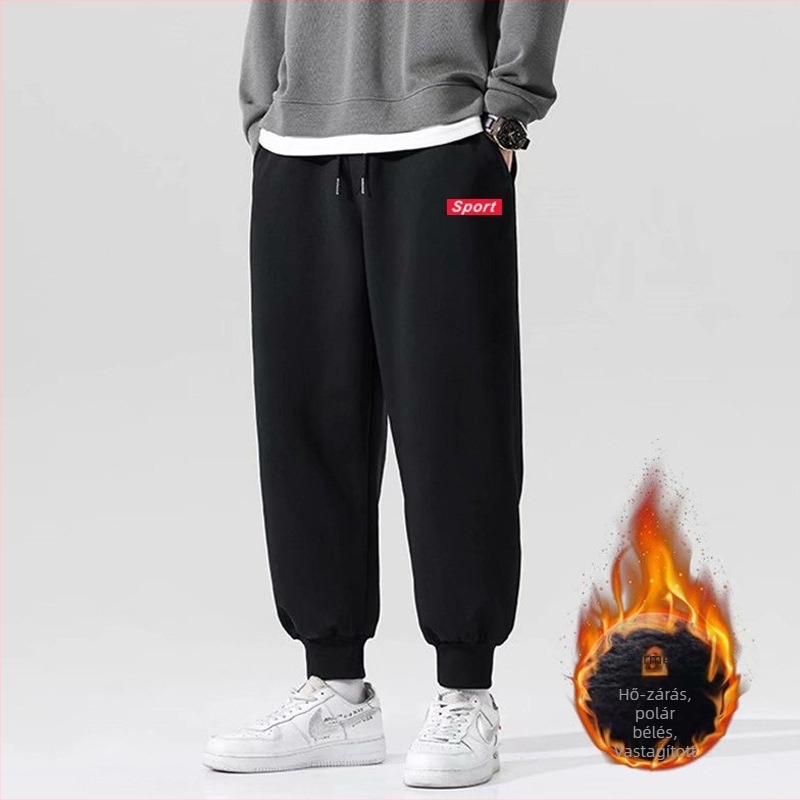Férfi fleece-belelt vastag téli sportnadrág, laza szabású, egyenes szárú
