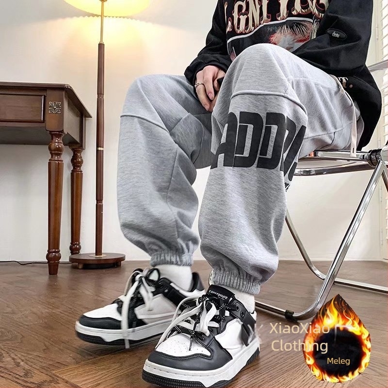 Férfi fleece-lével bélelt tréningnadrág, amerikai casual stílus, cargo zsebek, meleg őszi-téli viselet
