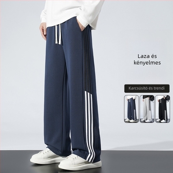 Pamutból készült fleece-belelt sportnadrág egyenes szabású, csíkos mintázat, középmagas derék, öv és fűzőzárás