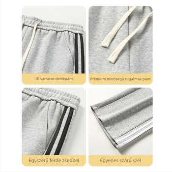Pamutból készült fleece-belelt sportnadrág egyenes szabású, csíkos mintázat, középmagas derék, öv és fűzőzárás