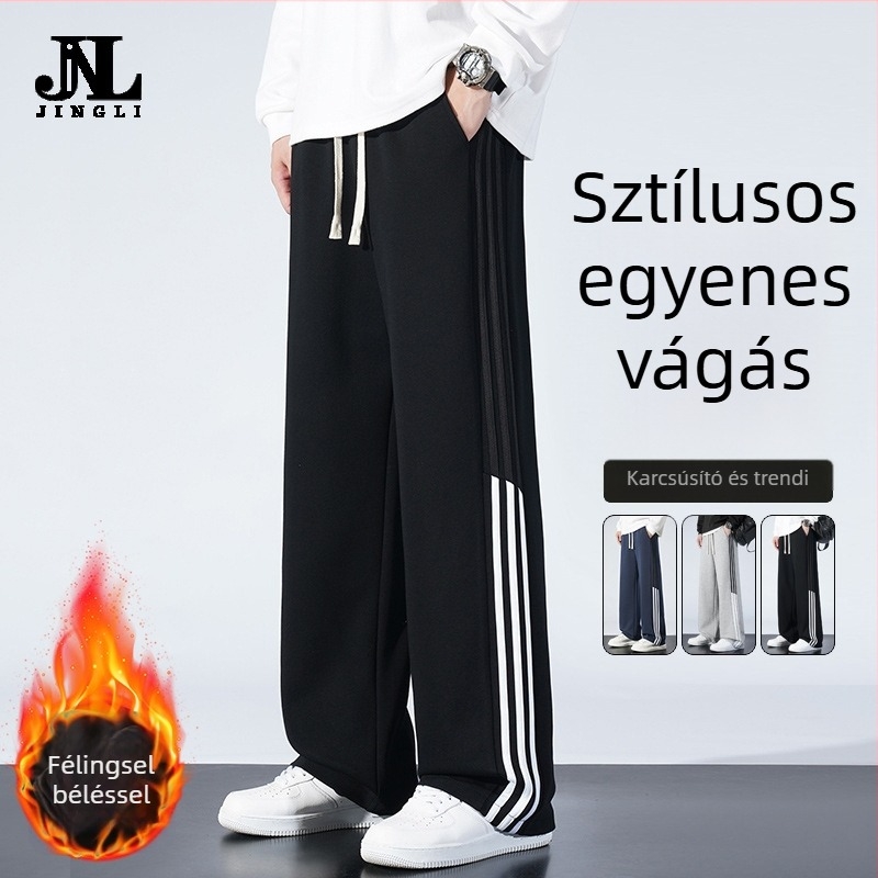 Pamutból készült fleece-belelt sportnadrág egyenes szabású, csíkos mintázat, középmagas derék, öv és fűzőzárás
