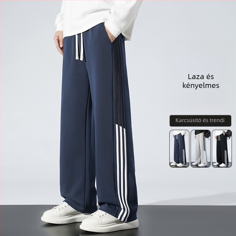 Pamutból készült fleece-belelt sportnadrág egyenes szabású, csíkos mintázat, középmagas derék, öv és fűzőzárás