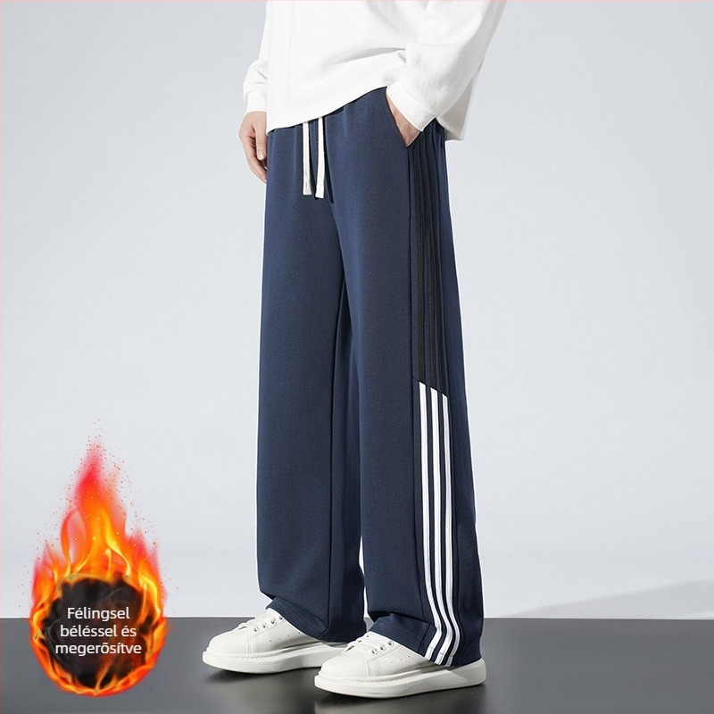 Pamutból készült fleece-belelt sportnadrág egyenes szabású, csíkos mintázat, középmagas derék, öv és fűzőzárás