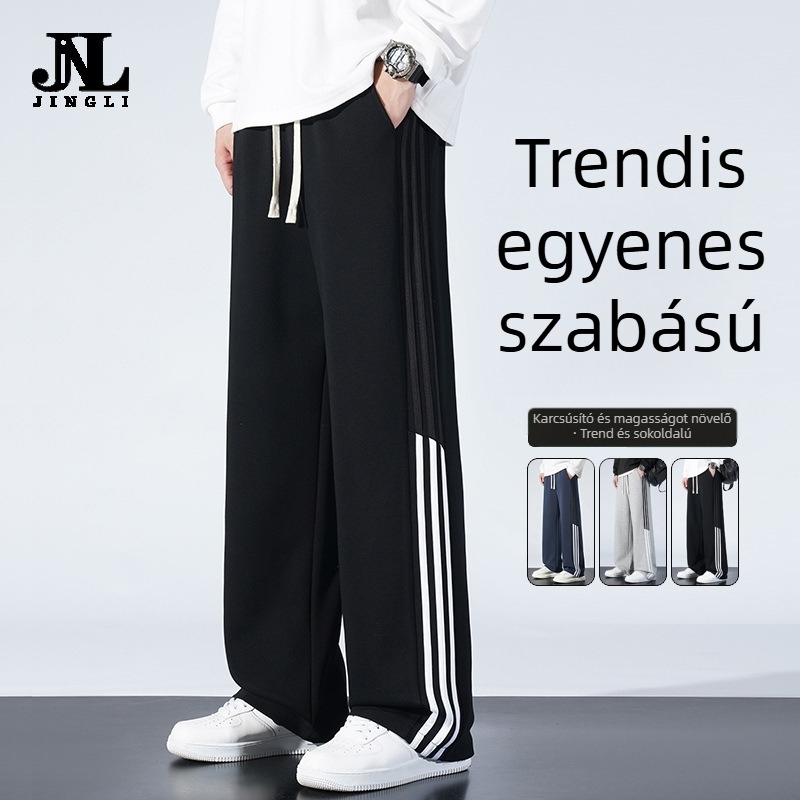 Pamutból készült fleece-belelt sportnadrág egyenes szabású, csíkos mintázat, középmagas derék, öv és fűzőzárás