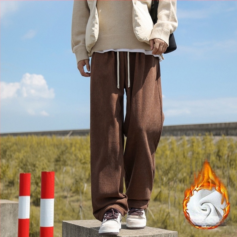 Corduroy férfi egyenes szárú, fleece-sel bélelt casual nadrág, középmagas derékkal, zsinóros zárás